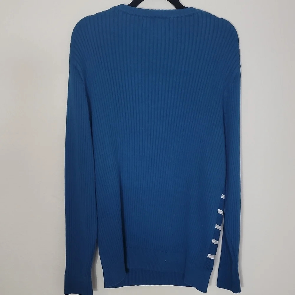 Vintage Nautica Mens 100% Cotton Crewneck Sweater Size L Blue White Stripe Y2K